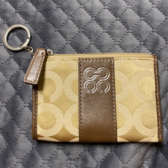 Coach brown/tan canvas Art Deco print card case - Picture 1 of 4